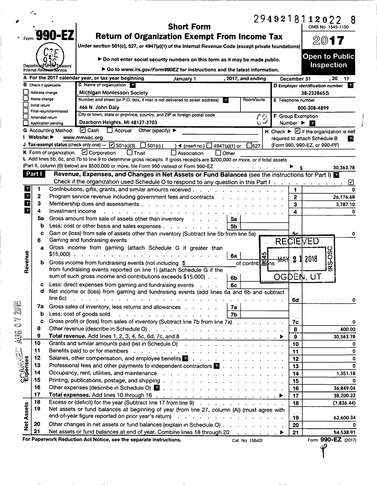 Image of first page of 2017 Form 990EZ for Michigan Montessori Society