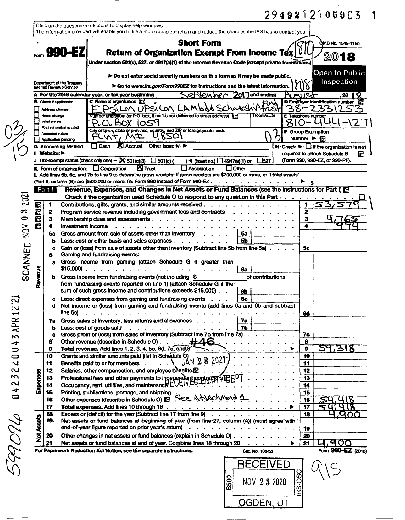 Image of first page of 2017 Form 990EZ for Epsilon Upsilon Lambda Scholarship Fund Trust