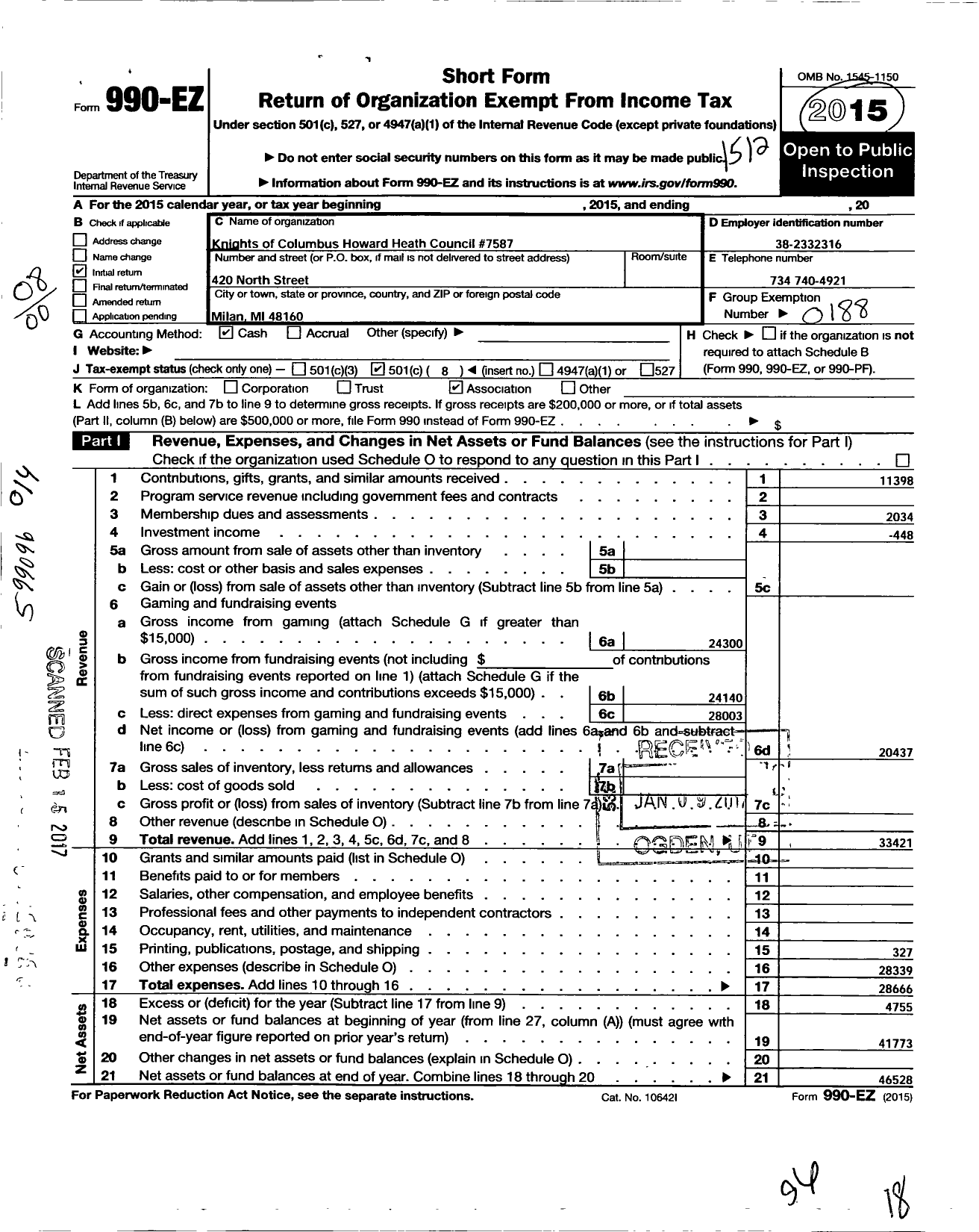 Image of first page of 2015 Form 990EO for Knights of Columbus - 7587 the Howard Heath Council