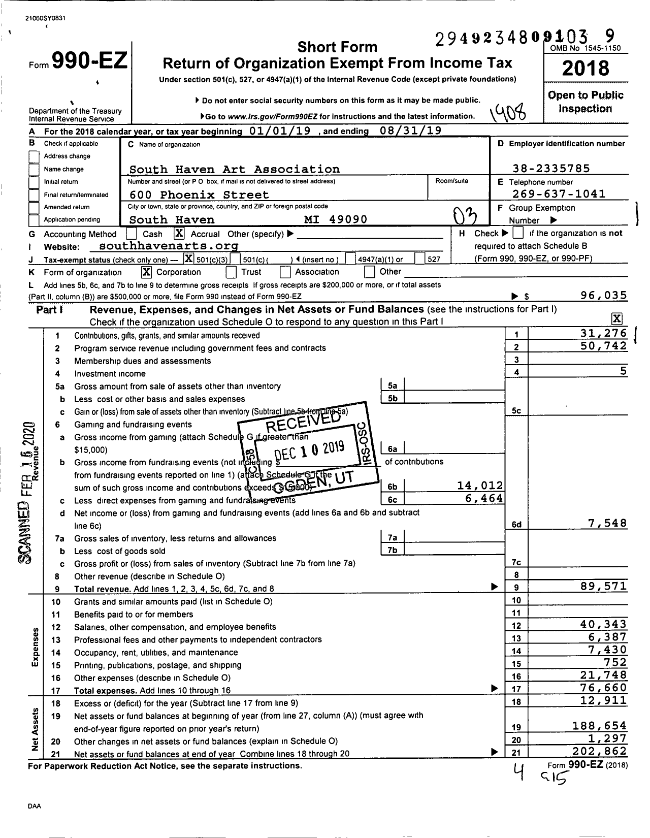 Image of first page of 2018 Form 990EZ for South Haven Center for the Arts