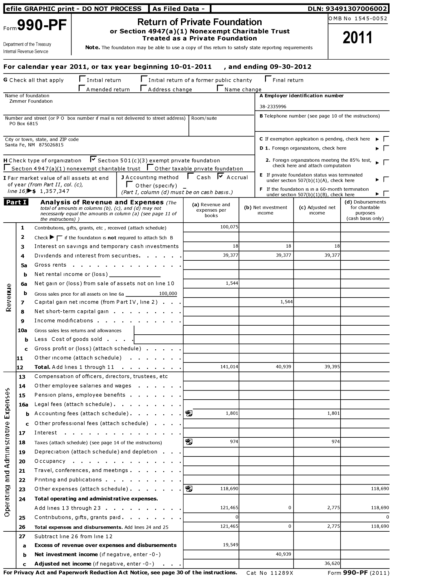 Image of first page of 2011 Form 990PF for Zimmer Foundation