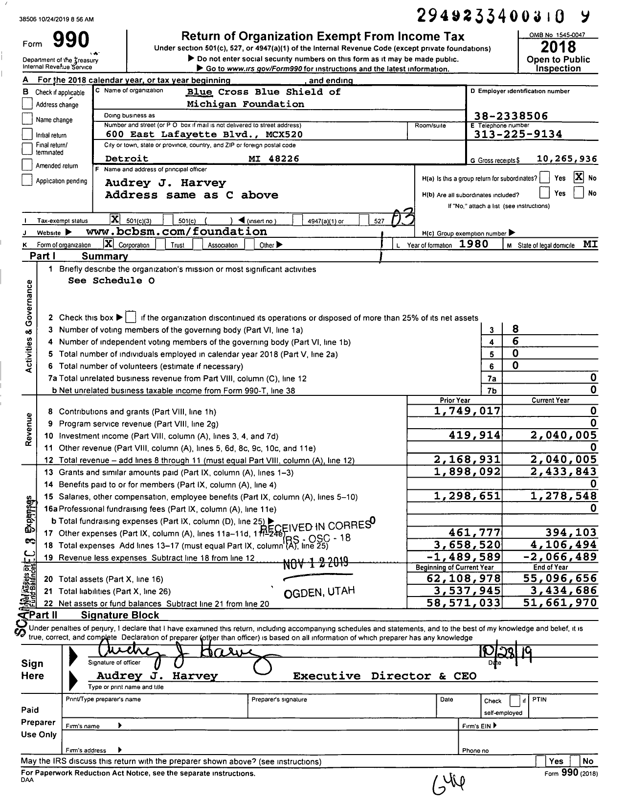 Image of first page of 2018 Form 990 for Blue Cross and Blue Shield of Michigan Foundation