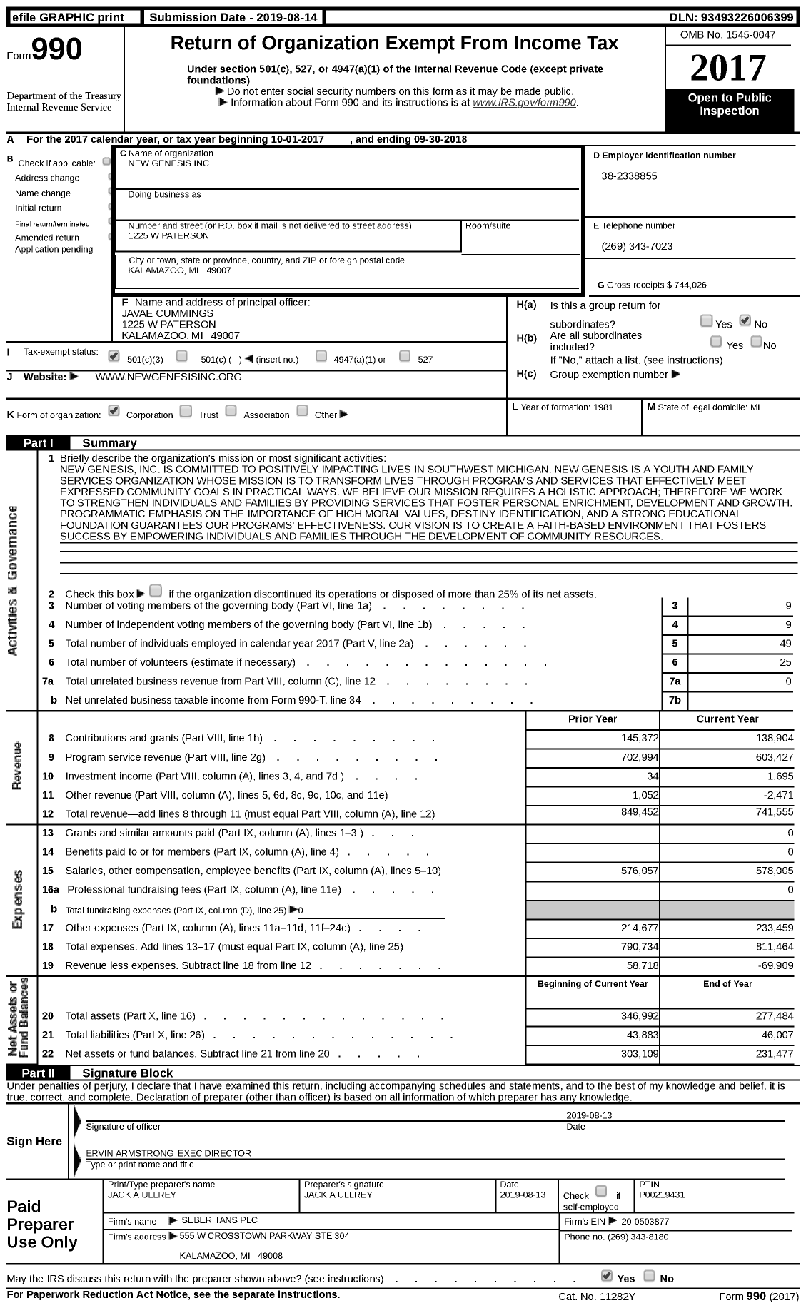 Image of first page of 2017 Form 990 for New Genesis