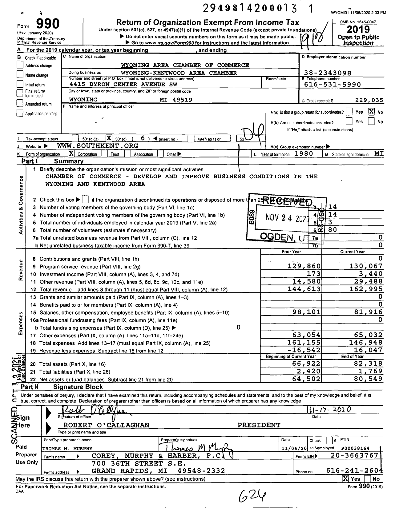 Image of first page of 2019 Form 990O for South Kent Chamber of Commerce