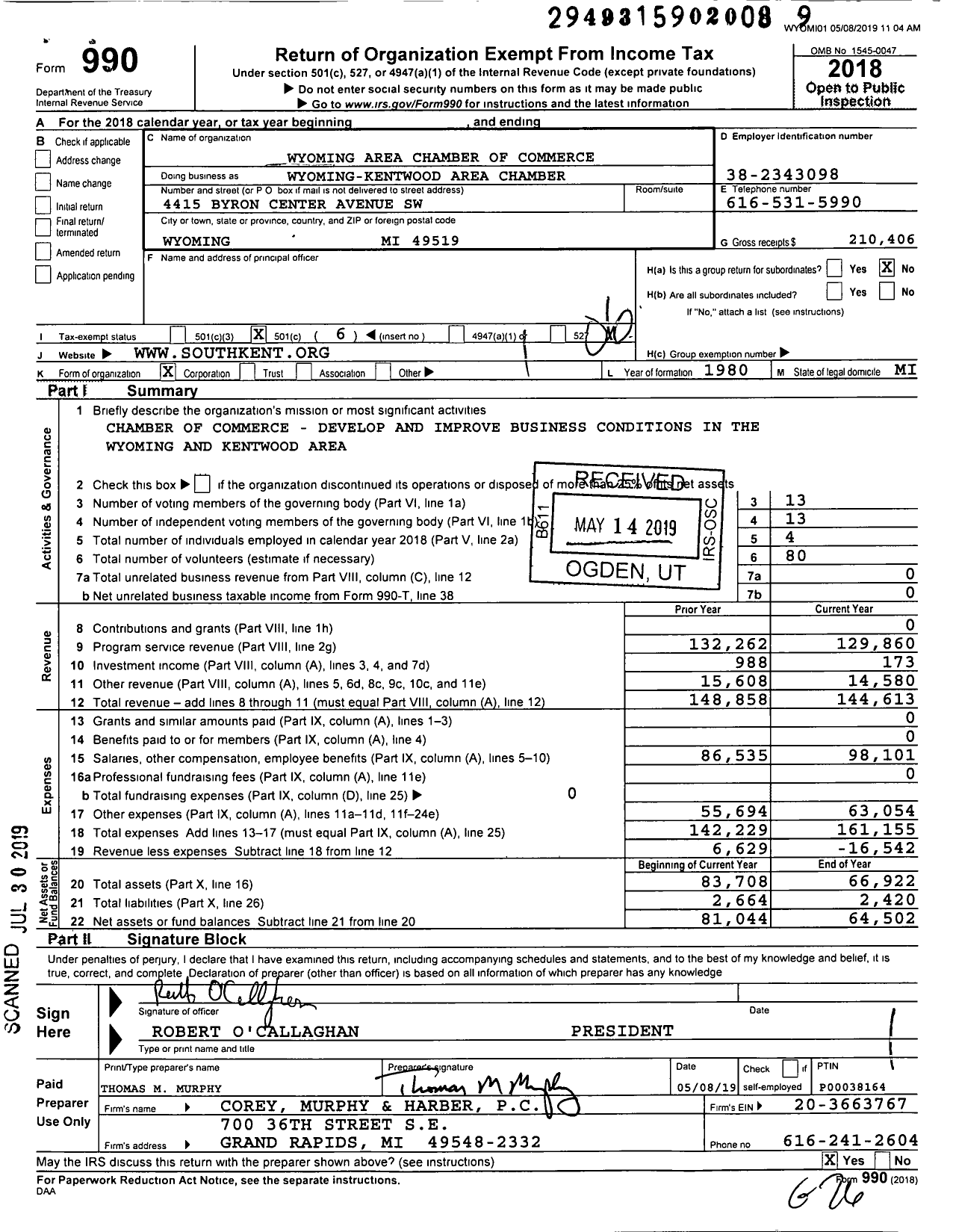 Image of first page of 2018 Form 990O for Wyoming-Kentwood Area Chamber