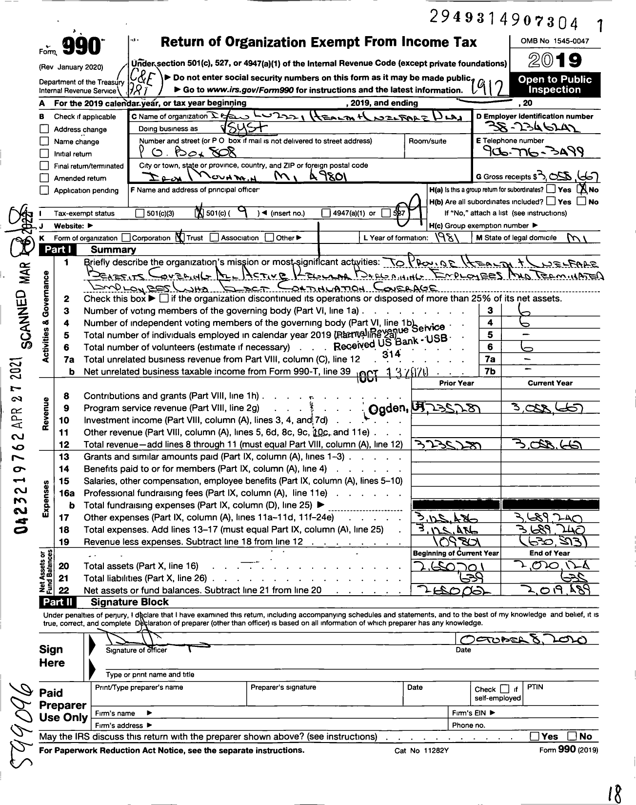 Image of first page of 2019 Form 990O for Systems Control Division Local 2221 Health and Welfare Trust