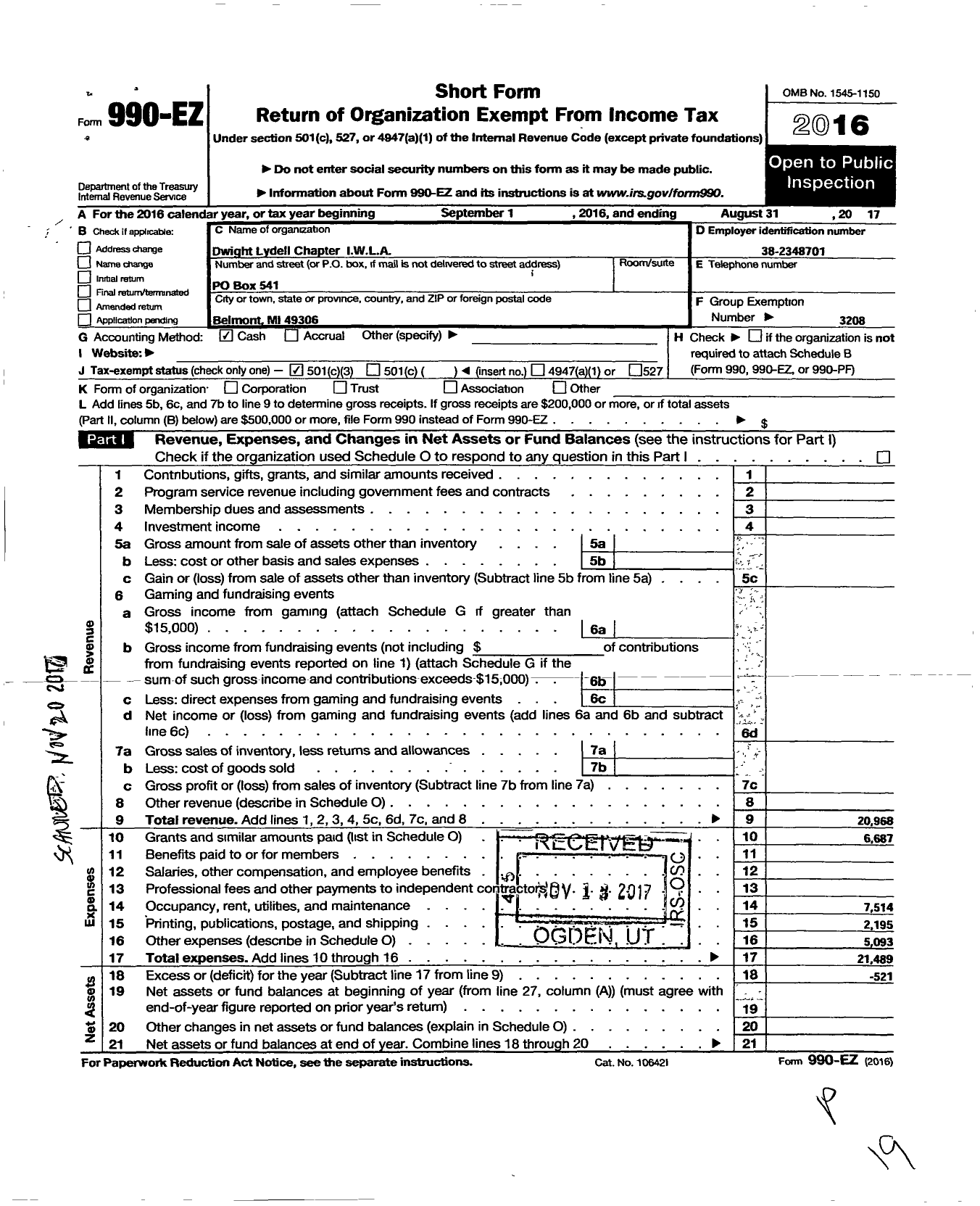 Image of first page of 2016 Form 990EZ for Izaak Walton League of America - Dwight Lydell Chapter