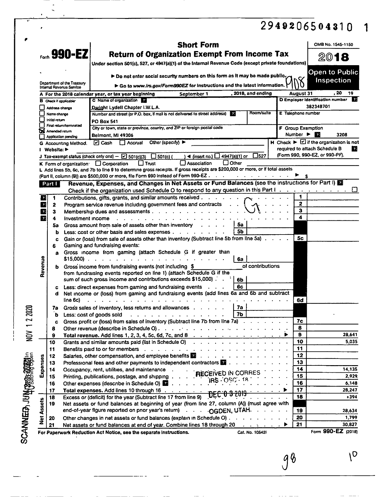 Image of first page of 2018 Form 990EZ for Izaak Walton League of America - Dwight Lydell Chapter