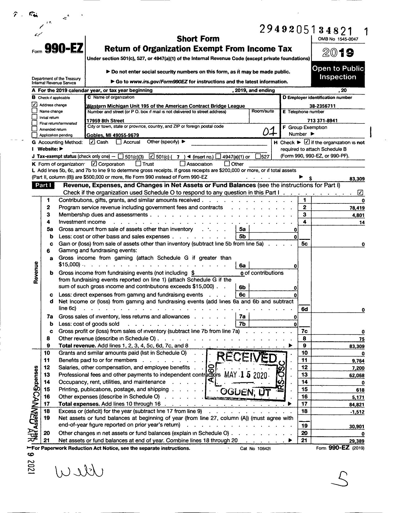 Image of first page of 2019 Form 990EO for American Contract Bridge League Unit 195 195 Western Michigan Unit