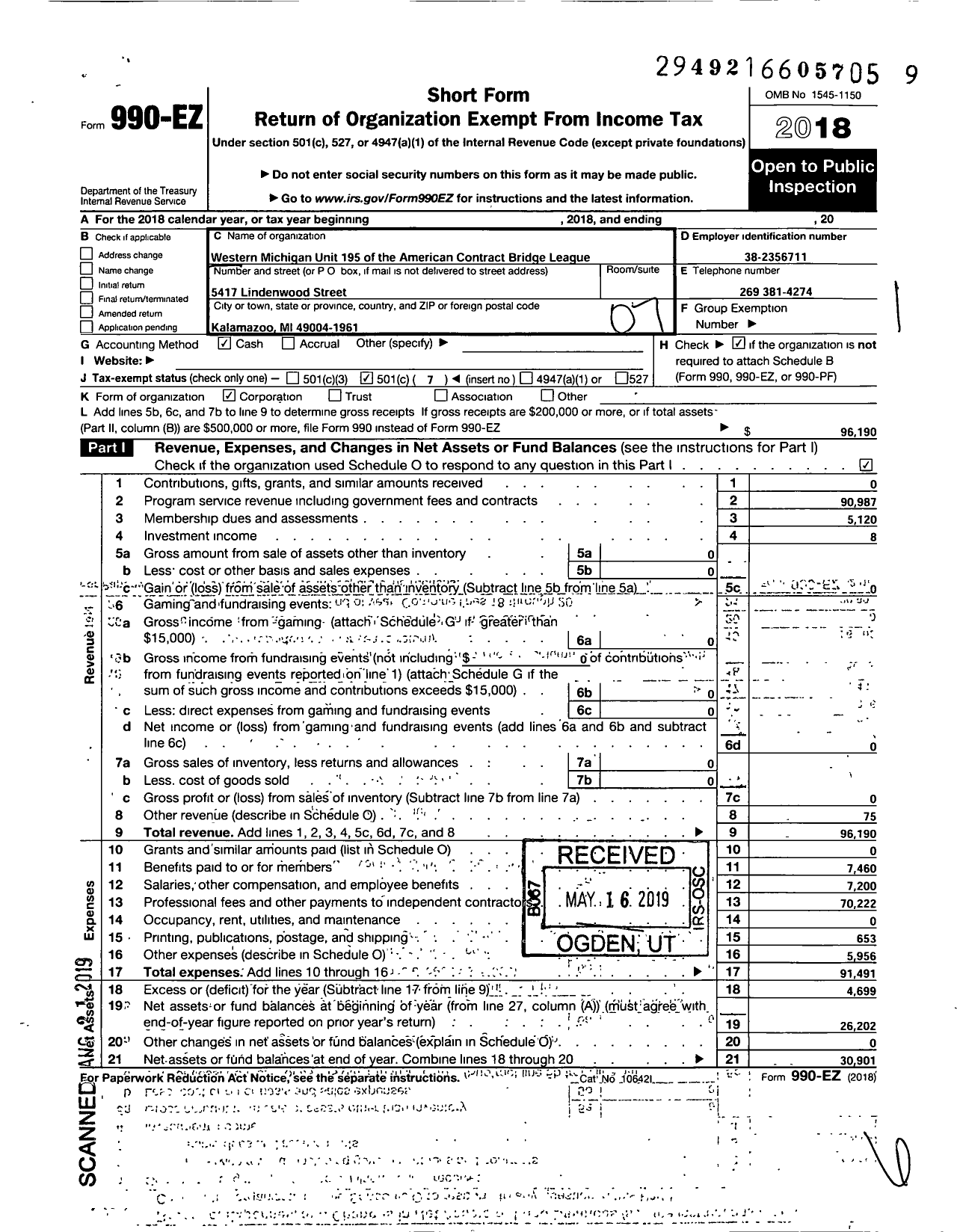 Image of first page of 2018 Form 990EO for American Contract Bridge League Unit 195 195 Western Michigan Unit