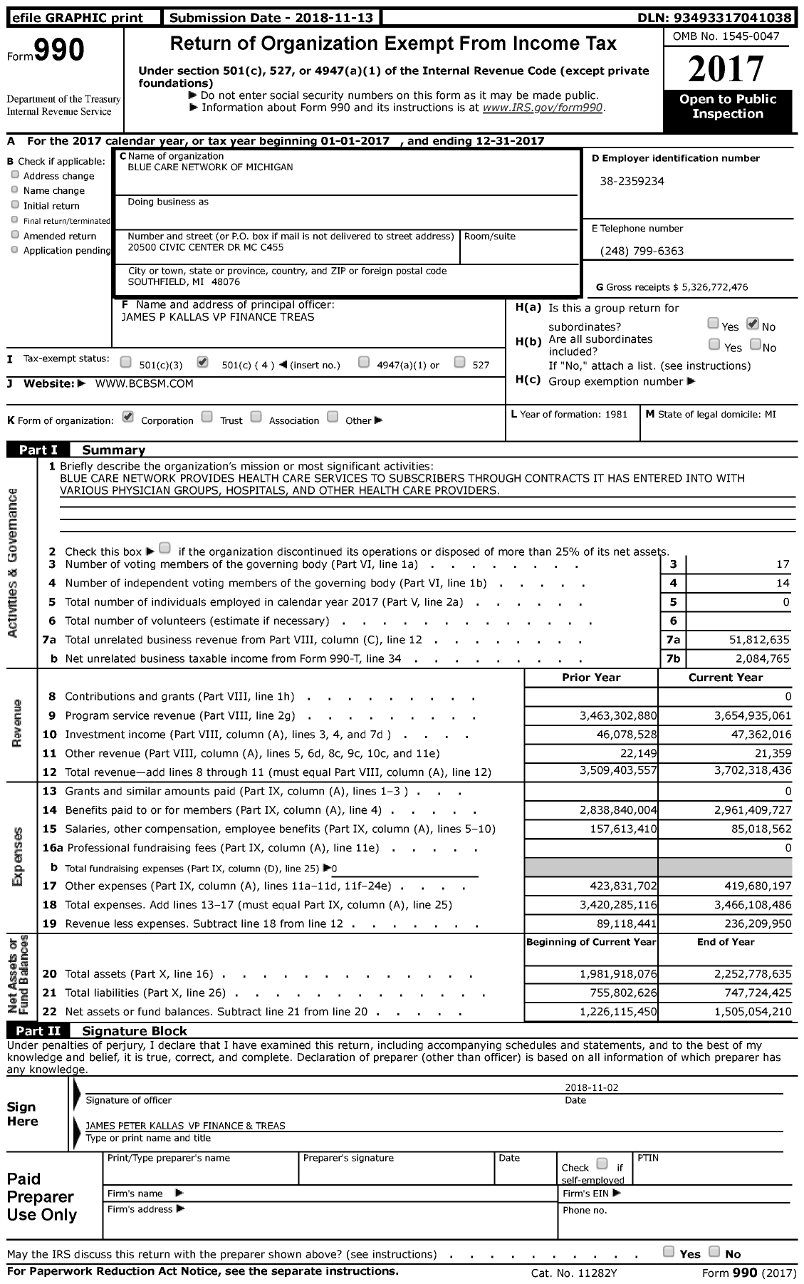Image of first page of 2017 Form 990 for Blue Care Network of Michigan