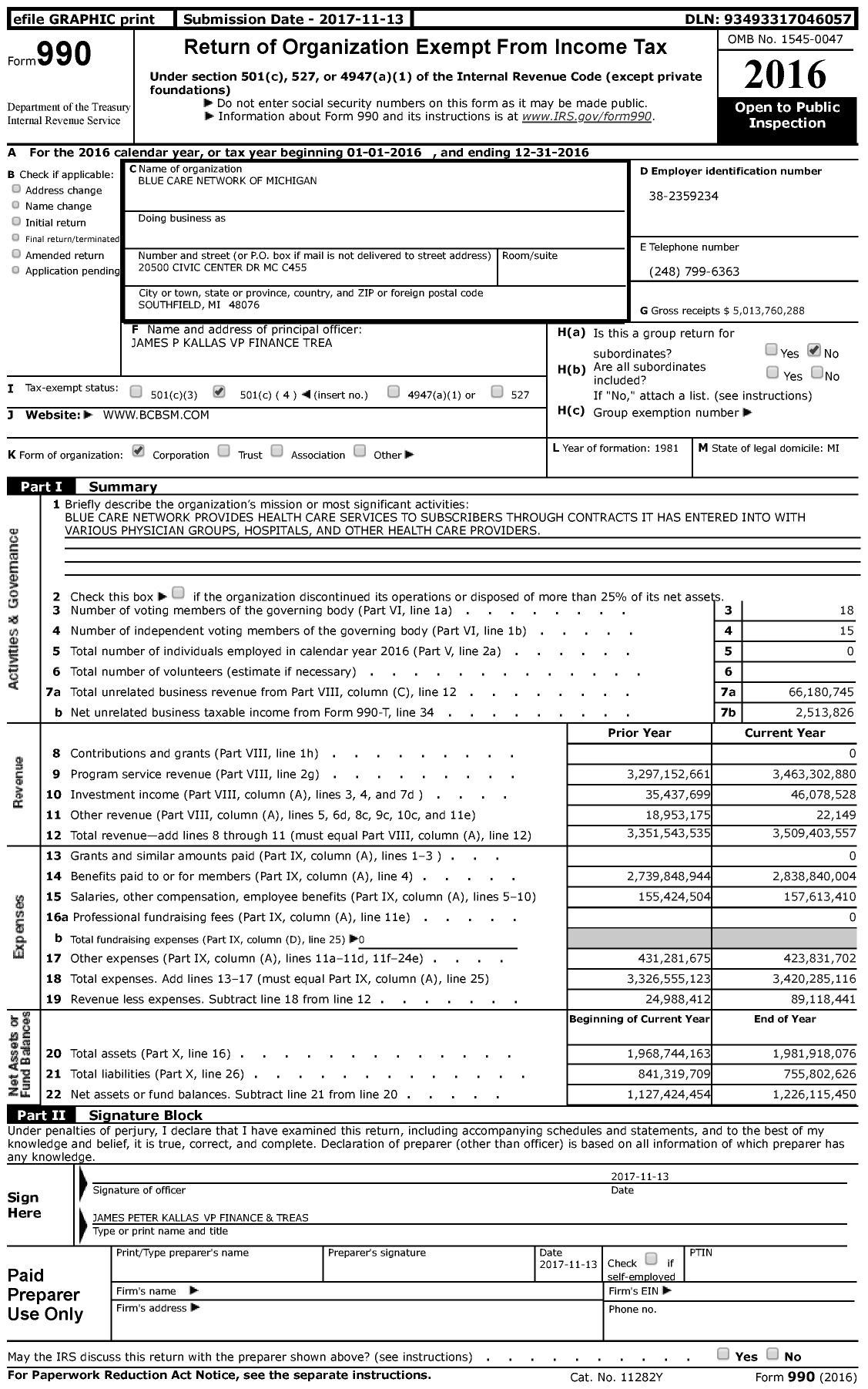 Image of first page of 2016 Form 990 for Blue Care Network of Michigan