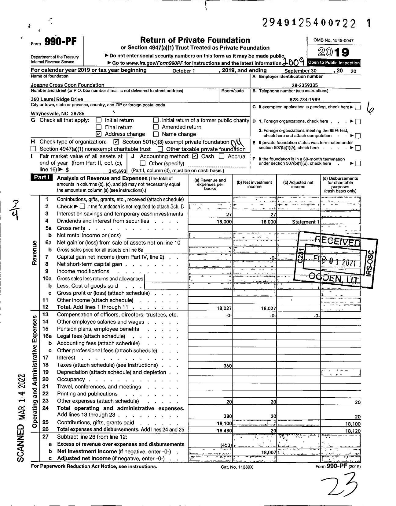 Image of first page of 2019 Form 990PF for Joanne Cross Coon Foundation