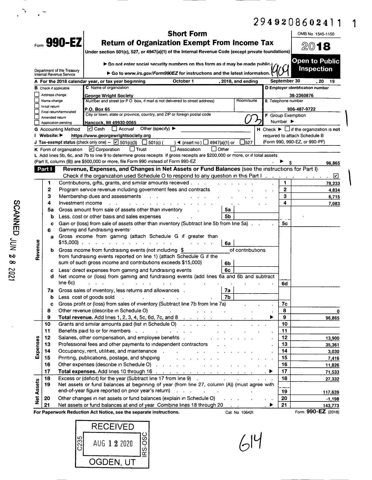 Image of first page of 2018 Form 990EZ for George Wright Society