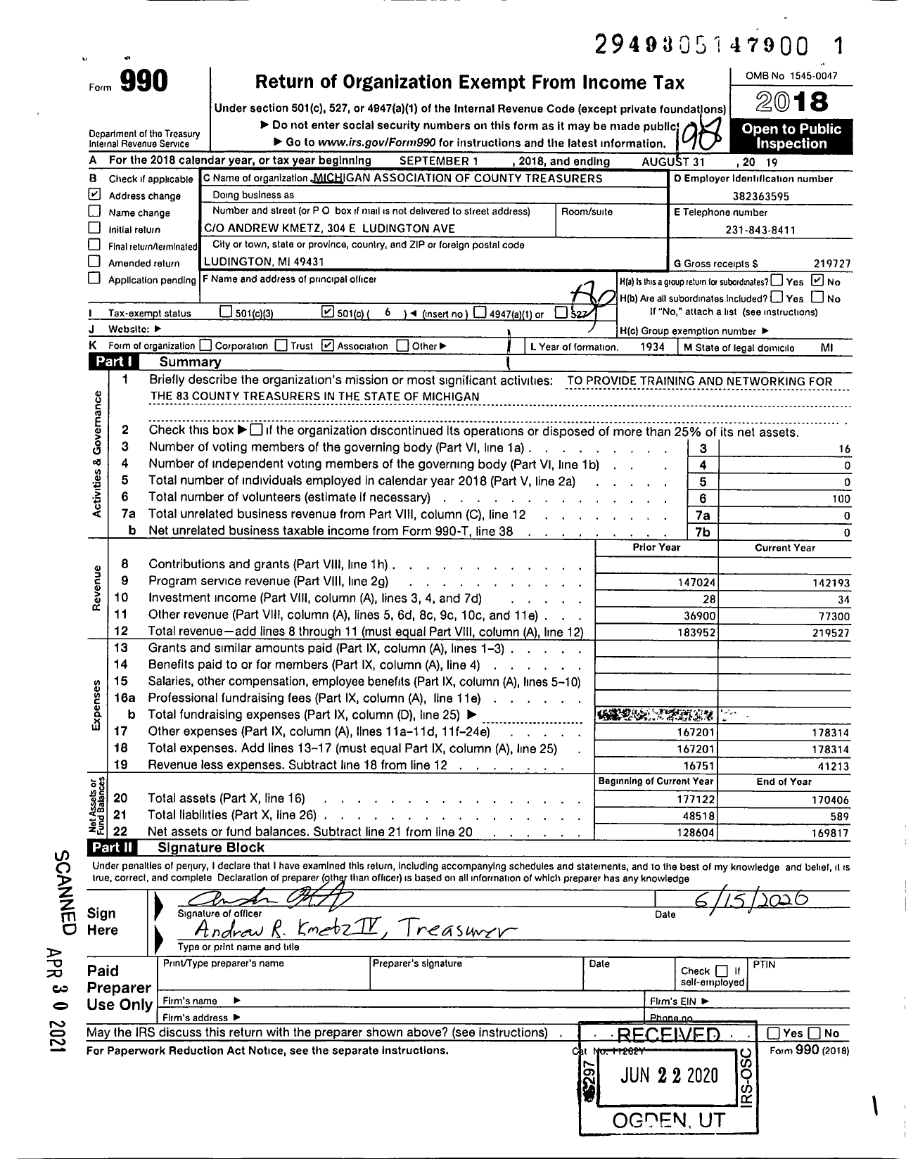 Image of first page of 2018 Form 990O for Michigan Association of County Treasurers