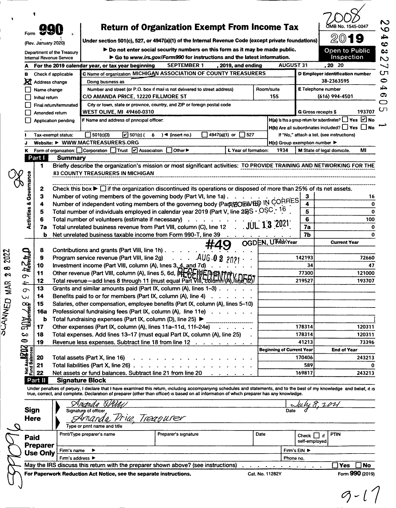 Image of first page of 2019 Form 990O for Michigan Association of County Treasurers