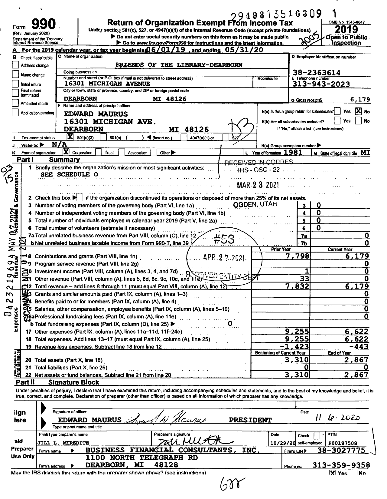 Image of first page of 2019 Form 990 for Friends of the Library-Dearborn