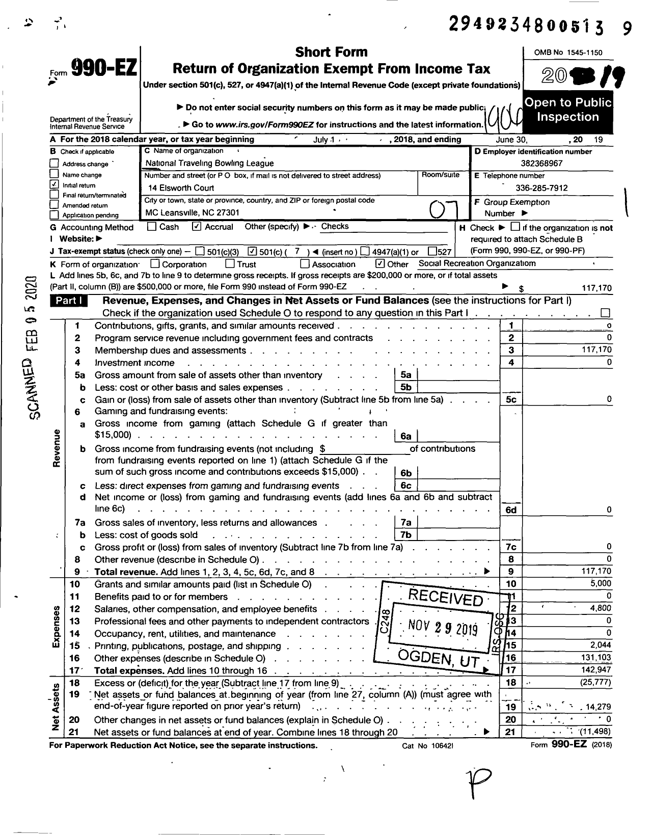 Image of first page of 2018 Form 990EO for National Traveling Bowling League