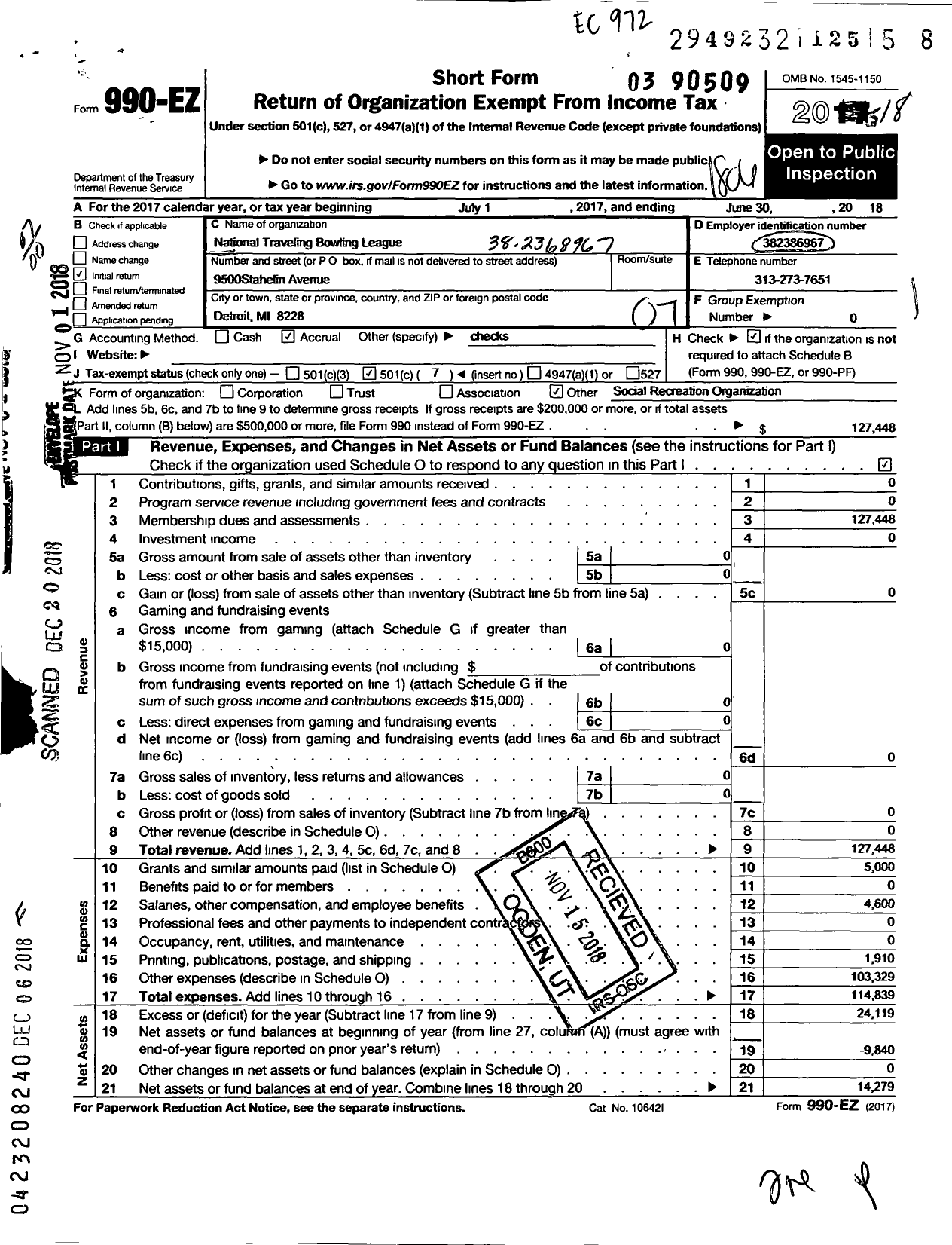 Image of first page of 2017 Form 990EO for National Traveling Bowling League