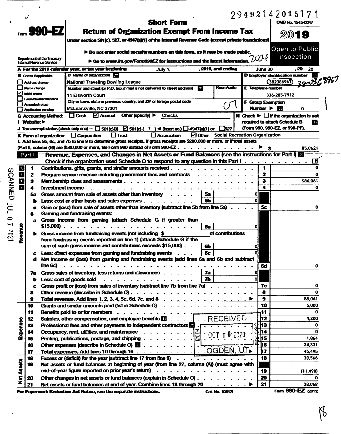 Image of first page of 2019 Form 990EO for National Traveling Bowling League