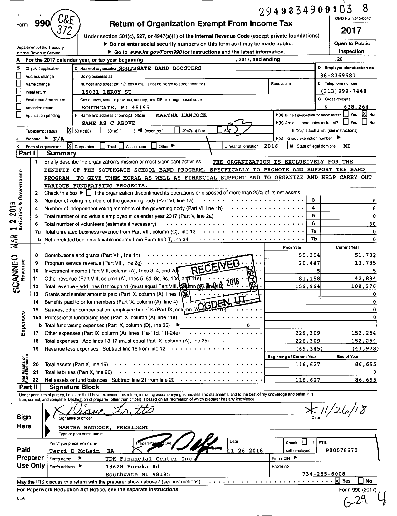 Image of first page of 2017 Form 990 for Southgate Band Boosters