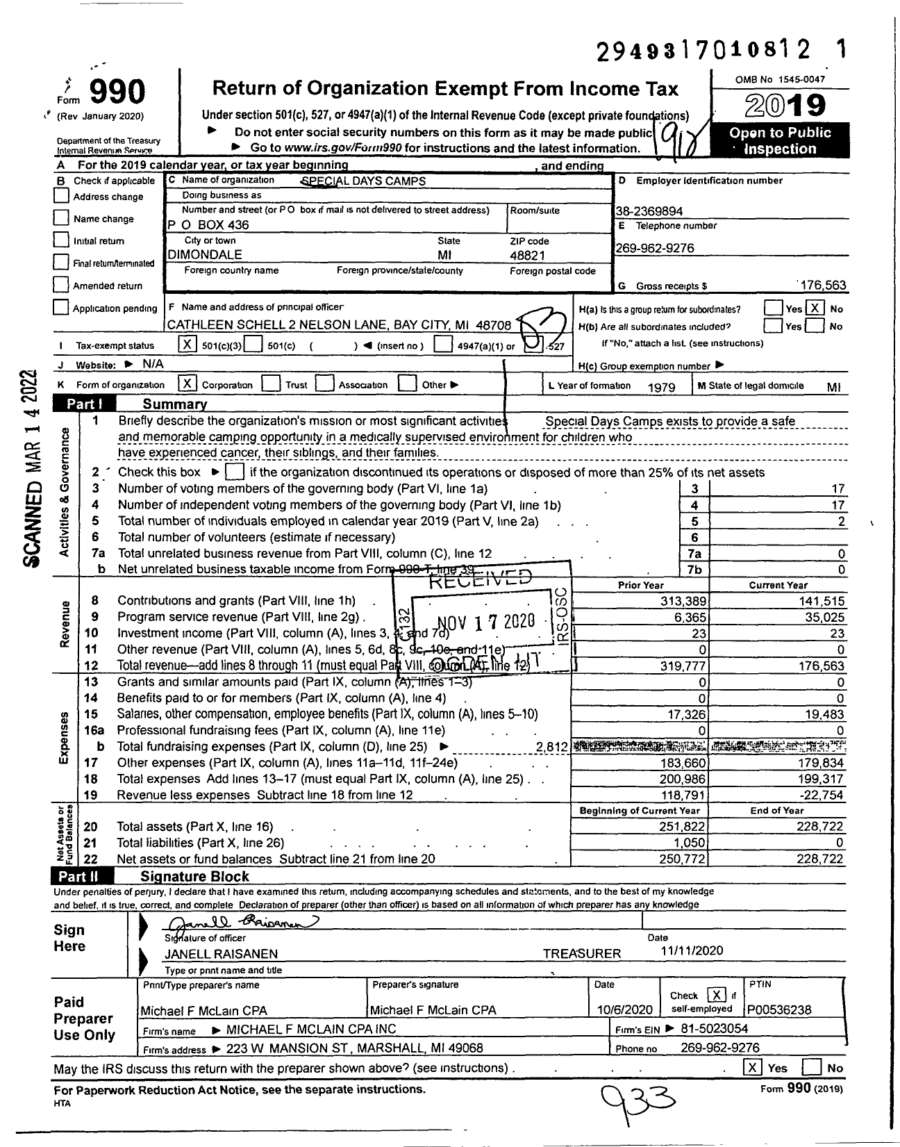 Image of first page of 2019 Form 990 for Special Days Camps