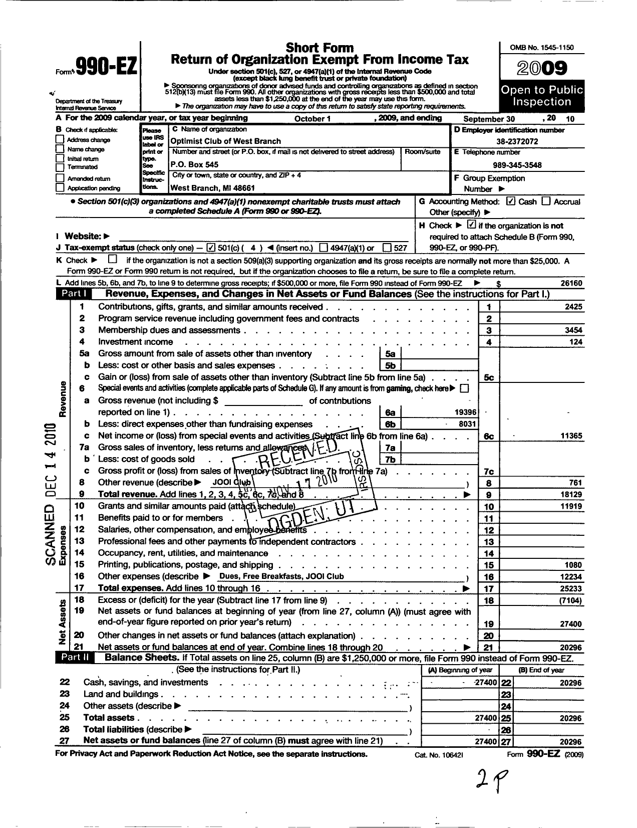 Image of first page of 2009 Form 990EO for Optimist International - 17414 Oc of West Branch Mi