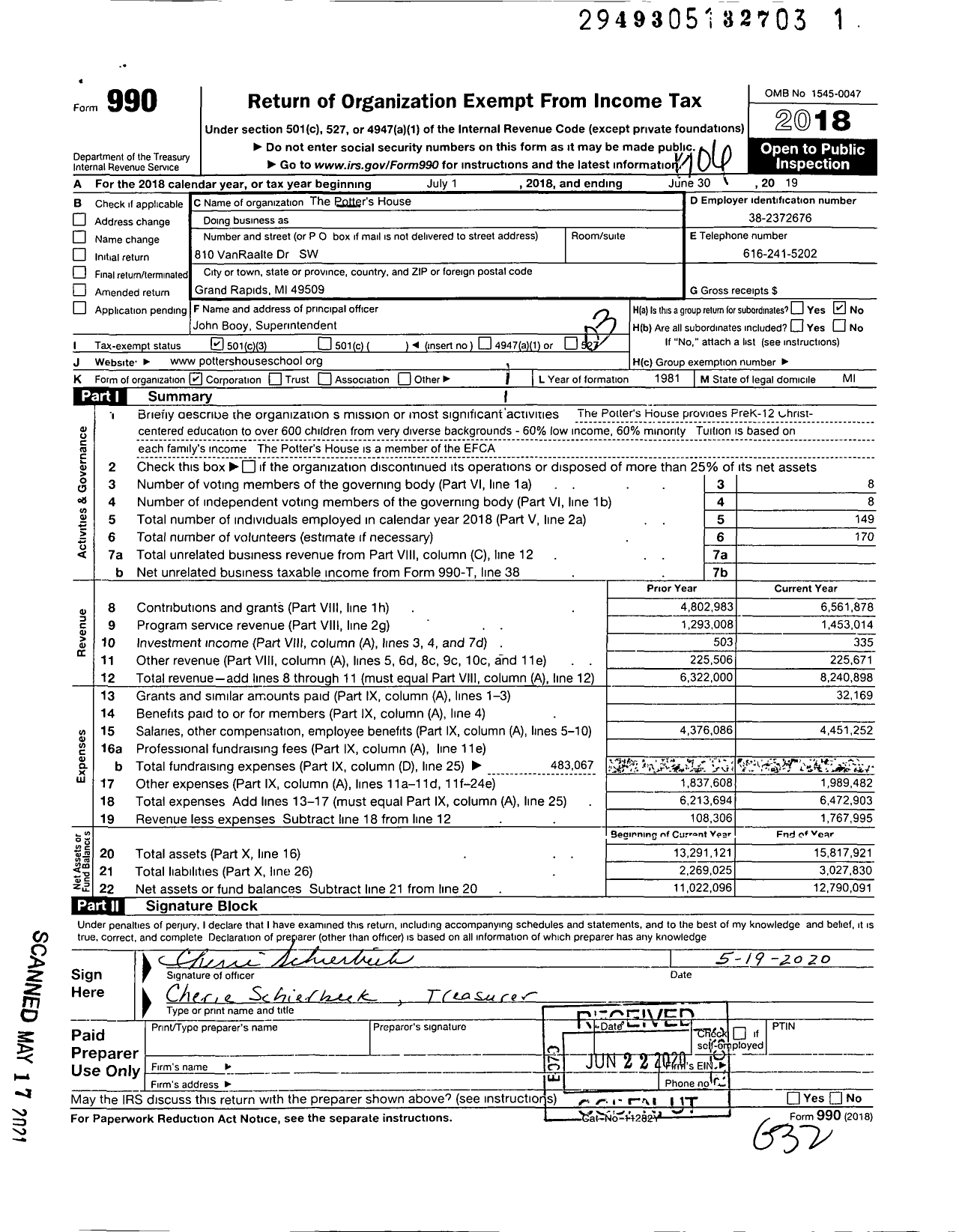 Image of first page of 2018 Form 990 for The Potters House