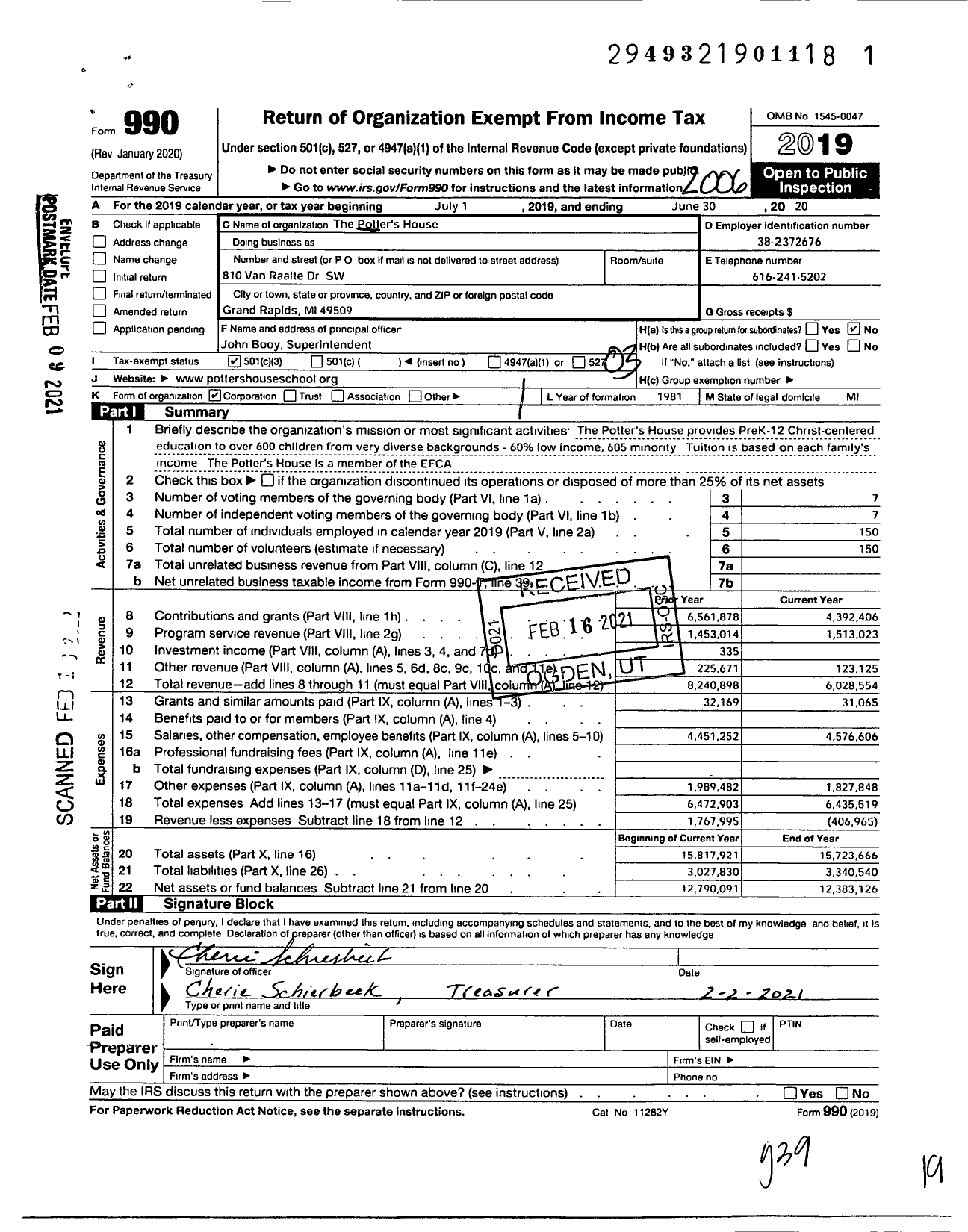 Image of first page of 2019 Form 990 for The Potters House