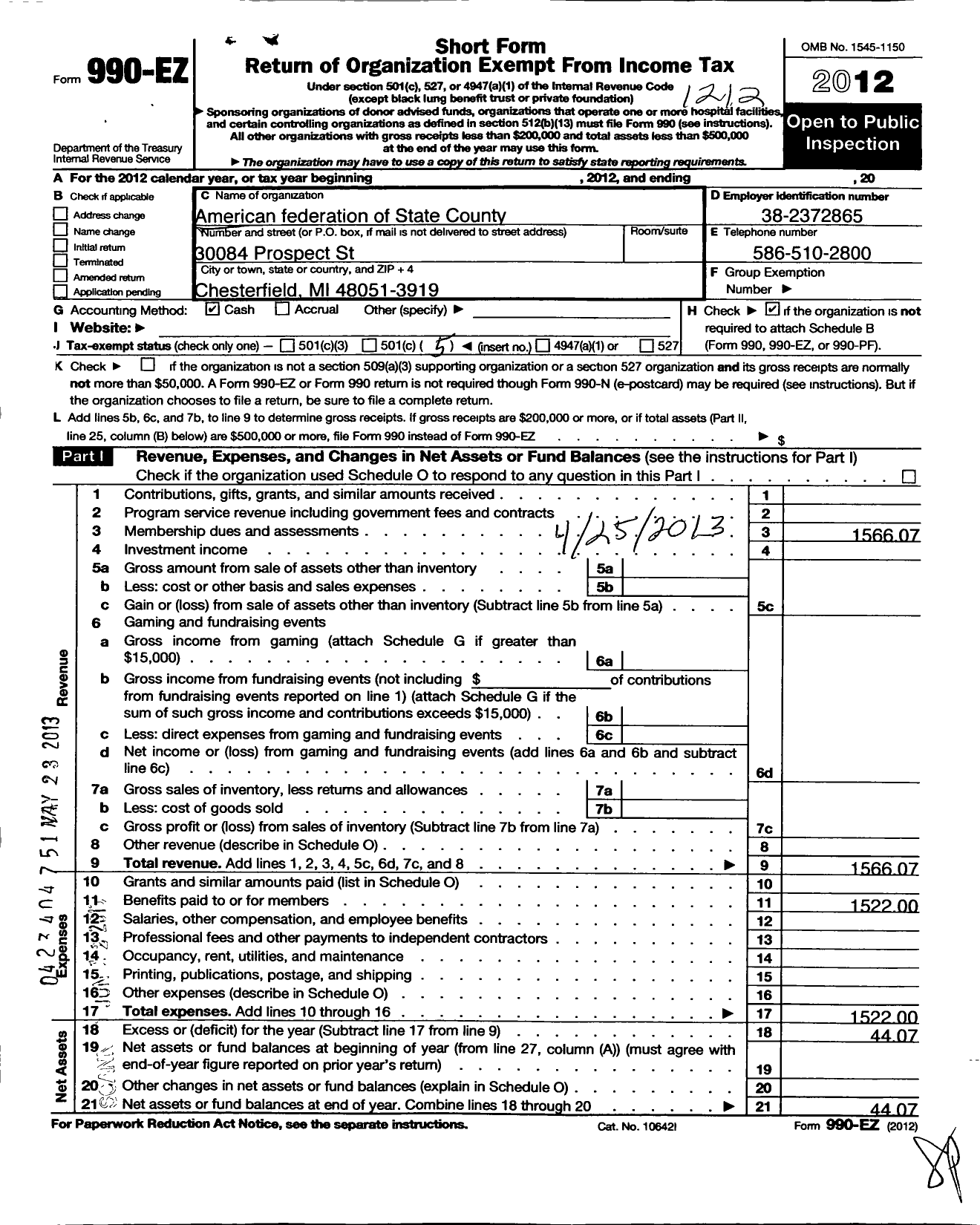 Image of first page of 2012 Form 990EO for American Federation of State County and Municipal Employees