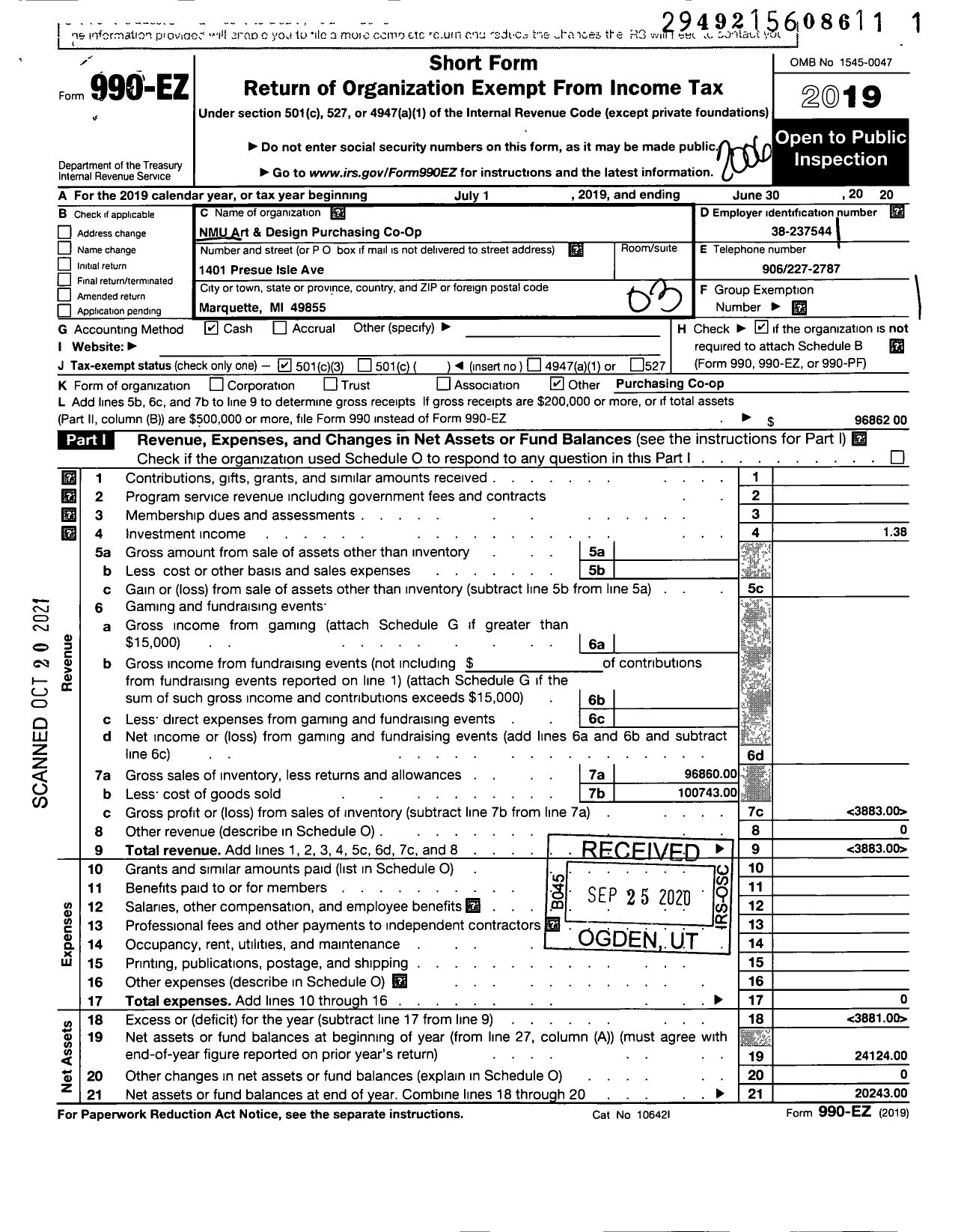 Image of first page of 2019 Form 990EZ for Northern Michigan Univ Art and Design Dept Purch Coop Nort Mich Univ