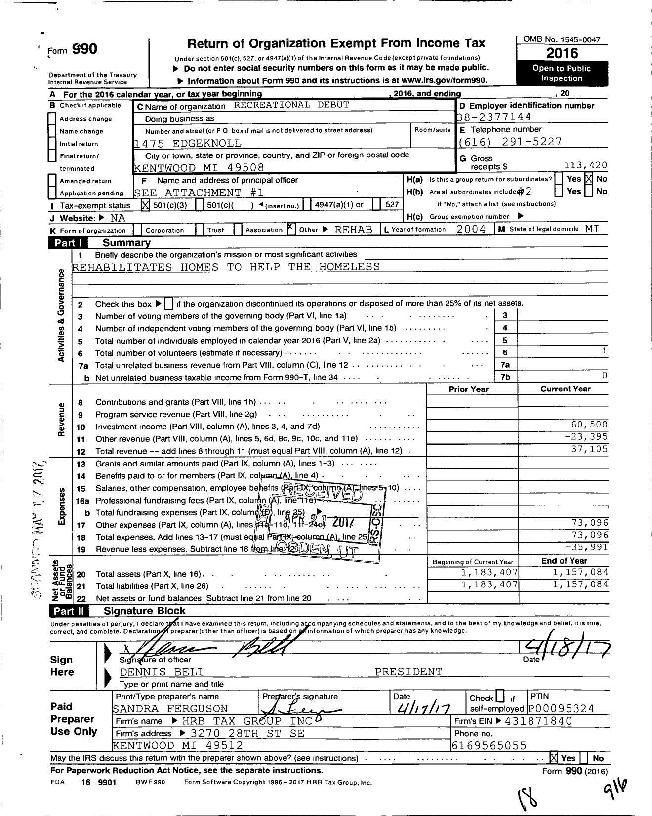Image of first page of 2016 Form 990 for Recreational Debut