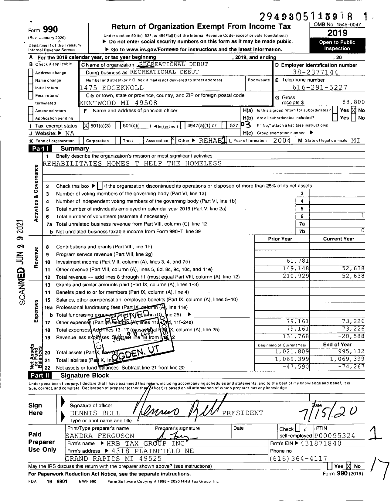 Image of first page of 2019 Form 990 for Recreational Debut