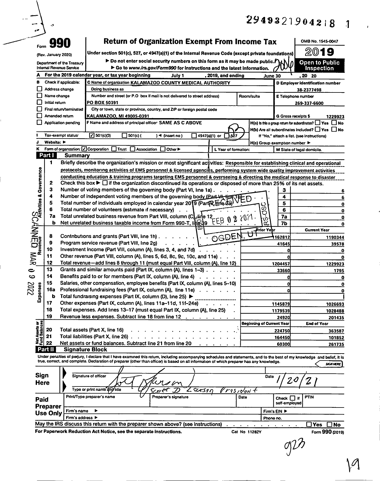 Image of first page of 2019 Form 990 for Kalamazoo County Medical Control Authority