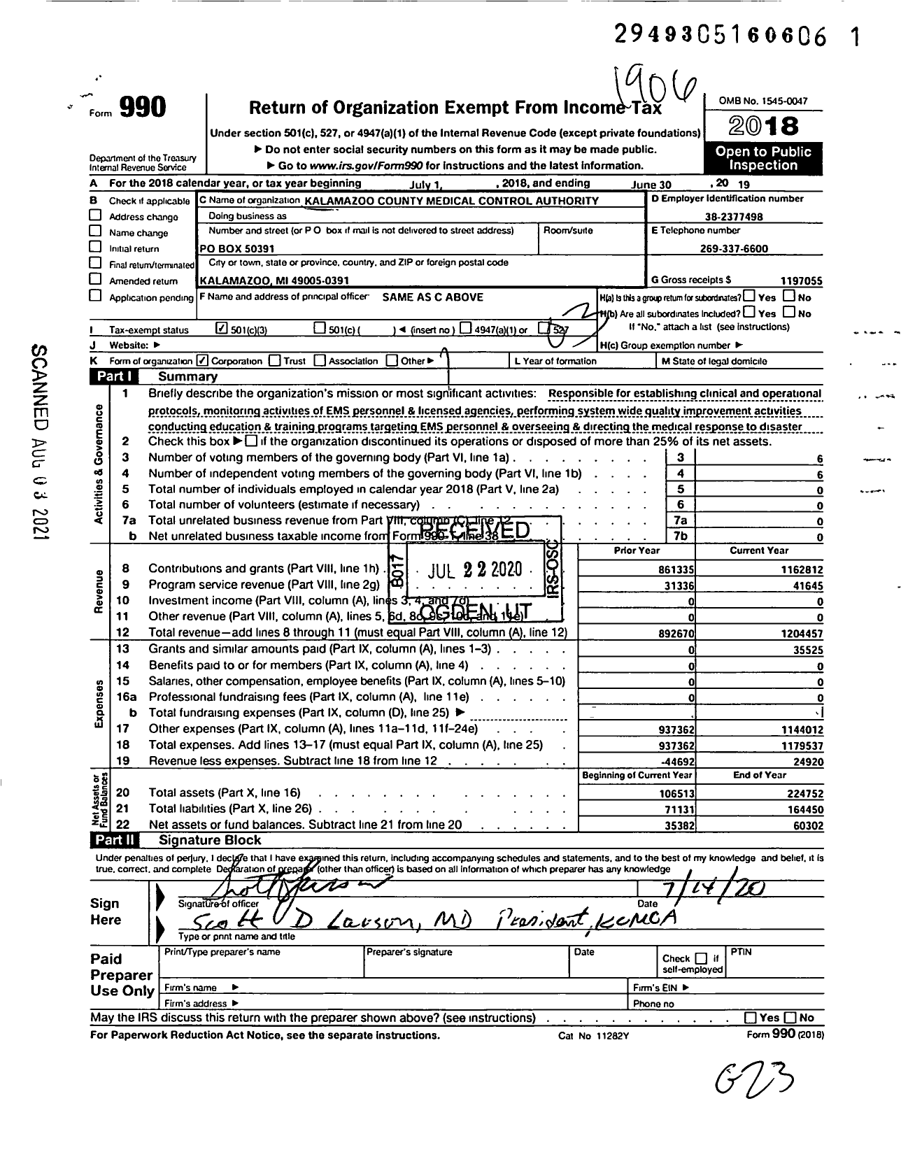 Image of first page of 2018 Form 990 for Kalamazoo County Medical Control Authority