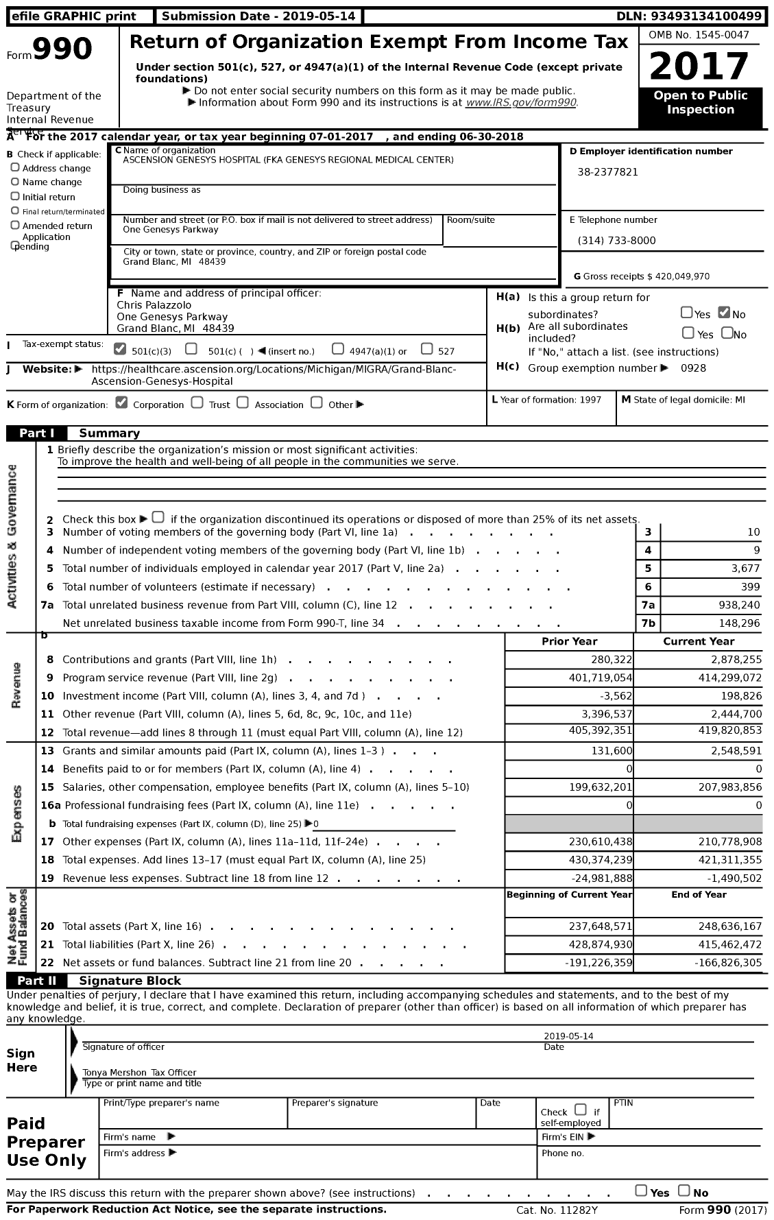 Image of first page of 2017 Form 990 for Genesys Regional Medical Center / Ascension Genesys Hospital