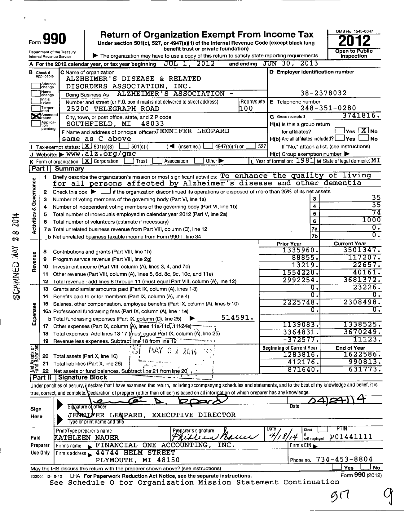Image of first page of 2012 Form 990 for Alzheimer's Association Greater Michigan