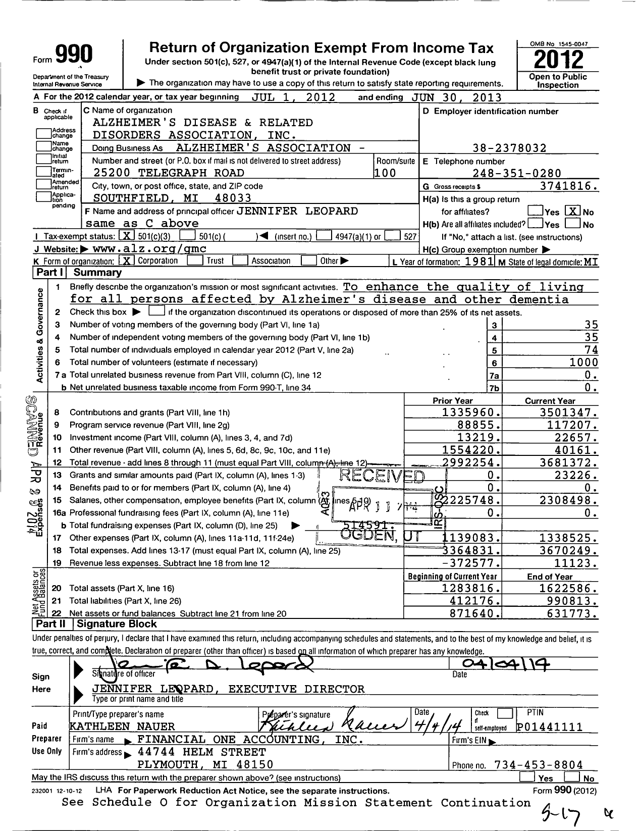 Image of first page of 2012 Form 990 for Alzheimer's Association Greater Michigan