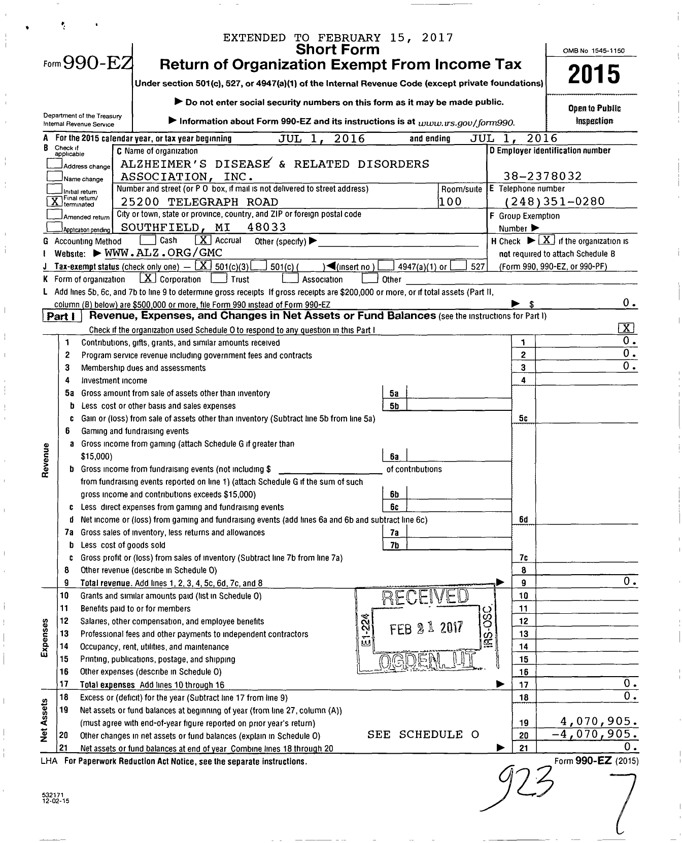 Image of first page of 2015 Form 990EZ for Alzheimer's Association Greater Michigan