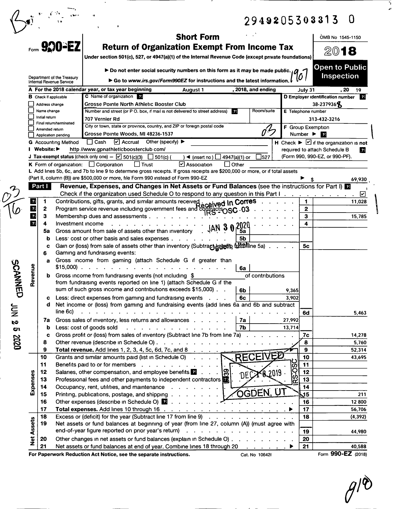 Image of first page of 2018 Form 990EZ for Grosse Pointe North Athletic Booster Club