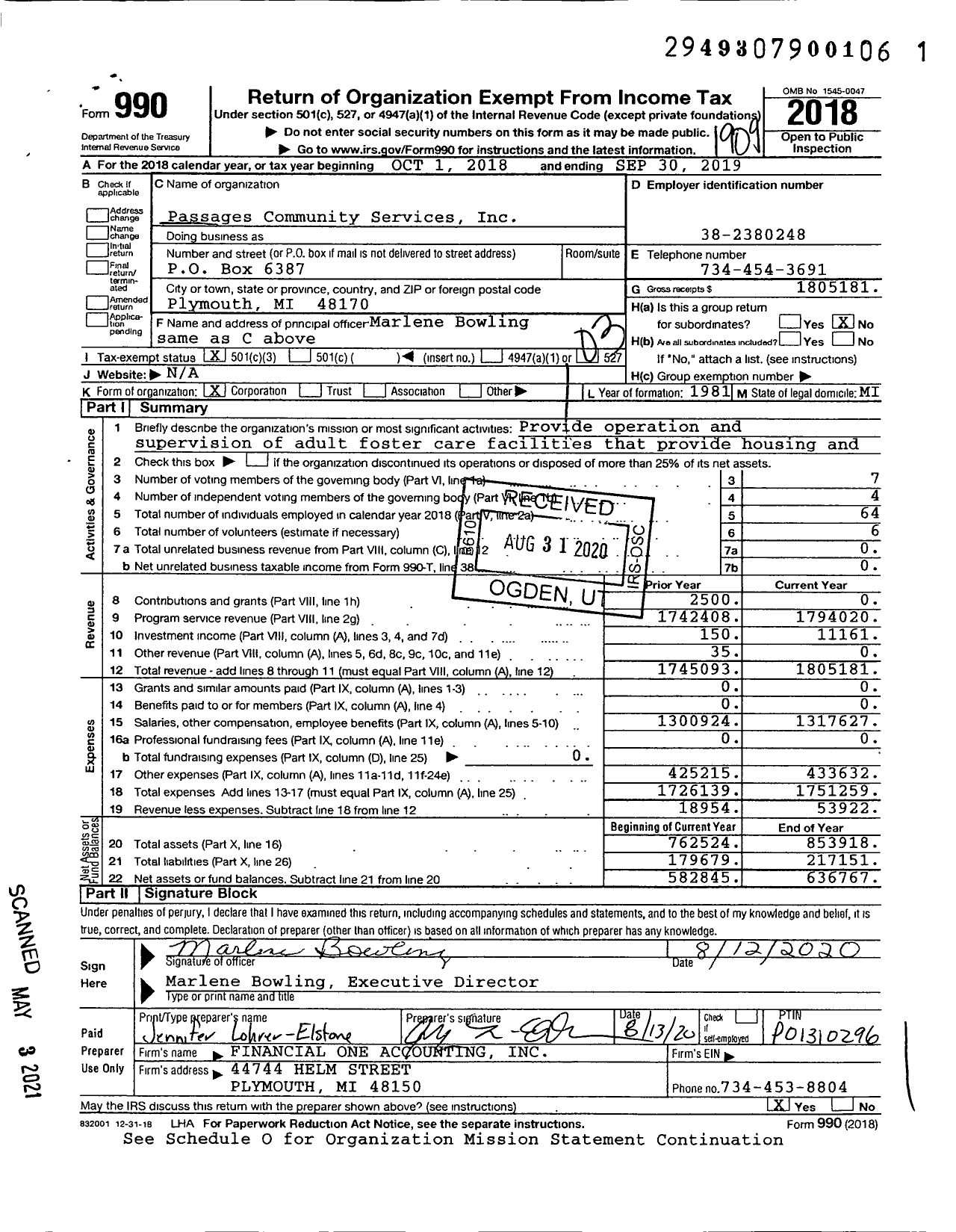 Image of first page of 2018 Form 990 for Passages Community Services