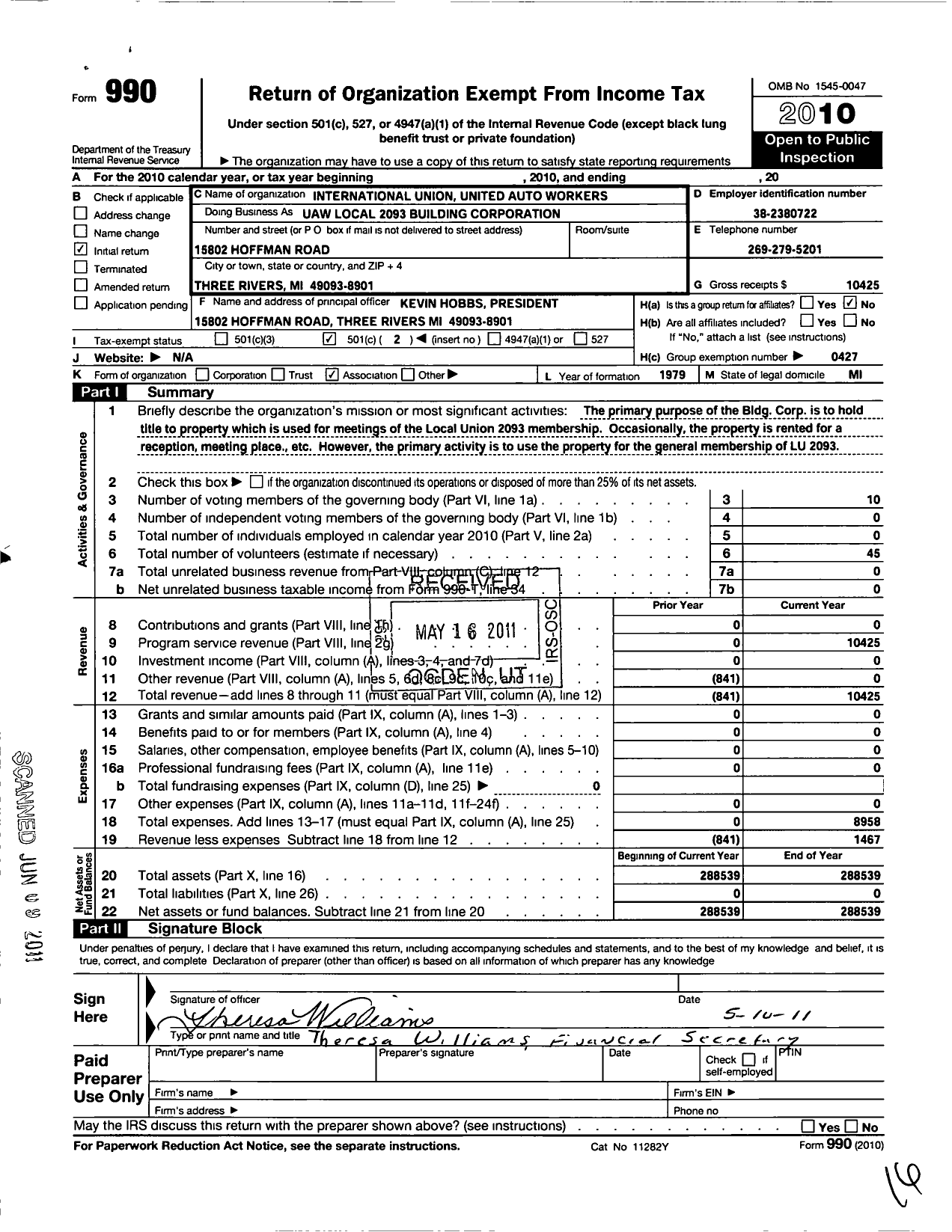 Image of first page of 2010 Form 990O for Local Union No 2093 Uaw Building Corporation