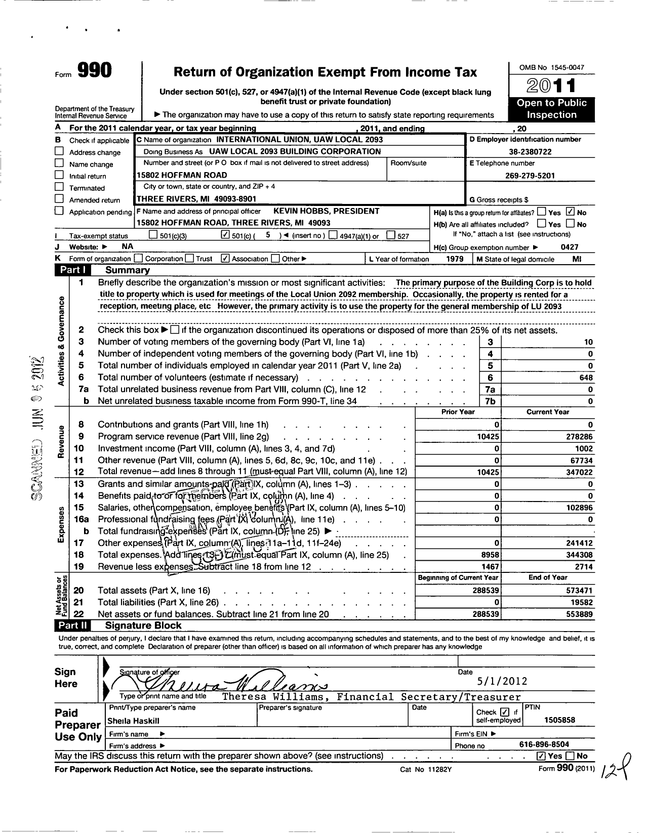 Image of first page of 2011 Form 990O for Local Union No 2093 Uaw Building Corporation