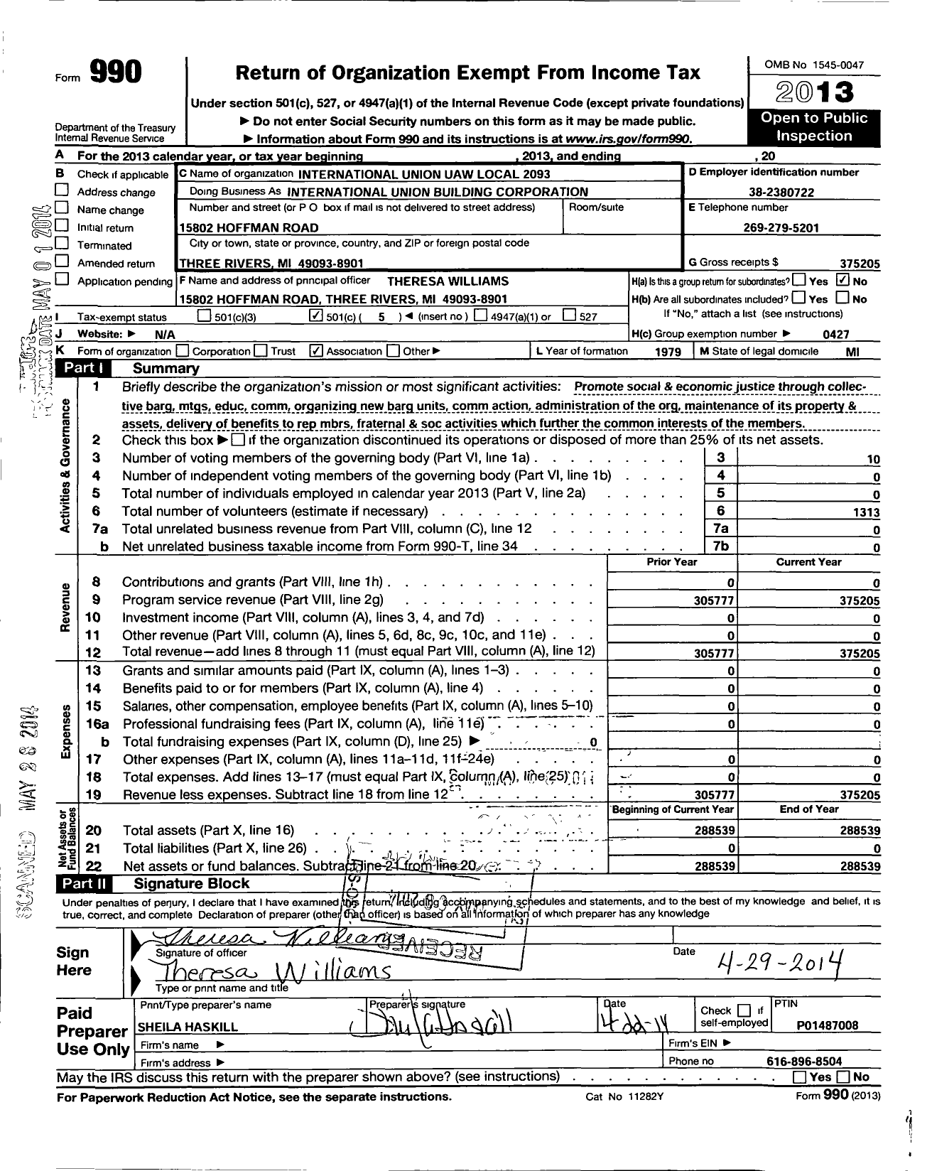 Image of first page of 2013 Form 990O for Local Union No 2093 Uaw Building Corporation