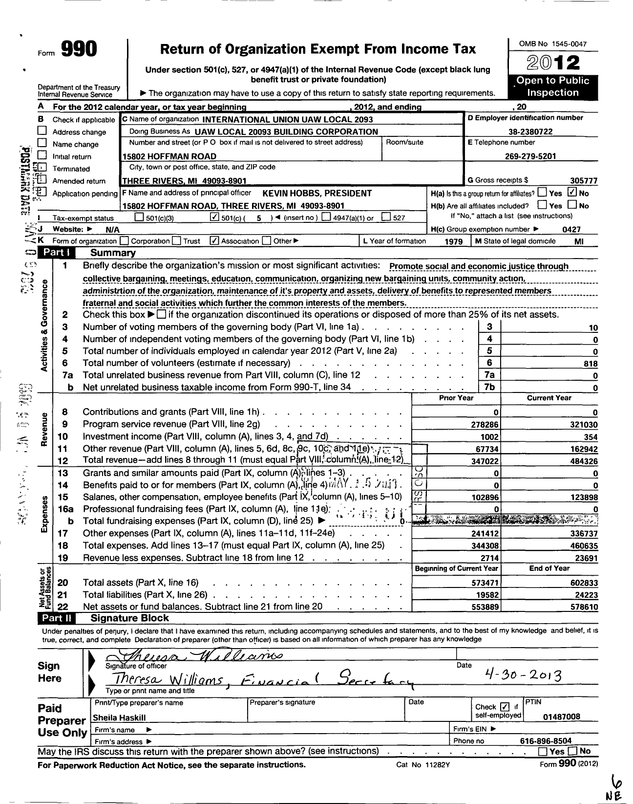 Image of first page of 2012 Form 990O for Local Union No 2093 Uaw Building Corporation