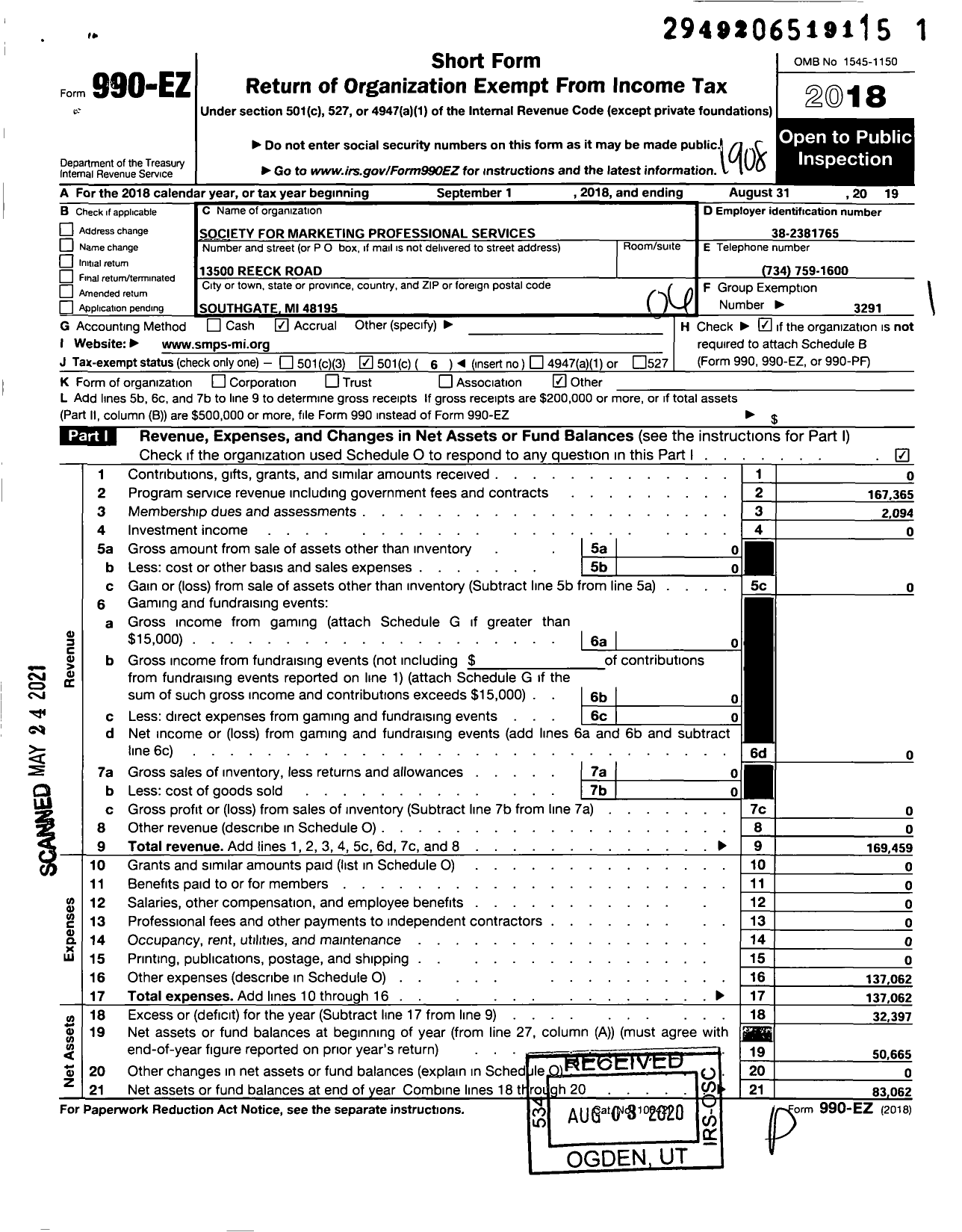 Image of first page of 2018 Form 990EO for Society for Marketing Professional Services / Michigan Chapter of SMPS