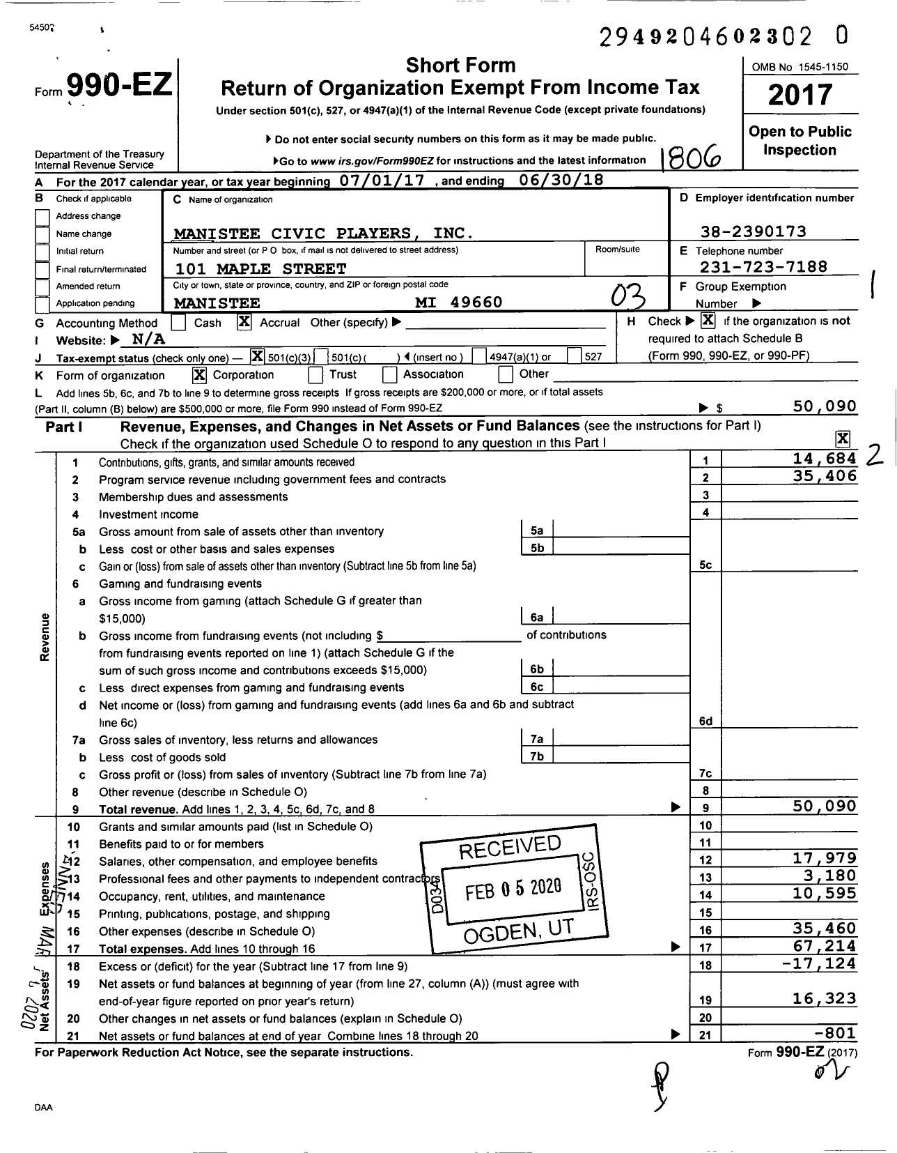 Image of first page of 2017 Form 990EZ for Manistee Civic Players