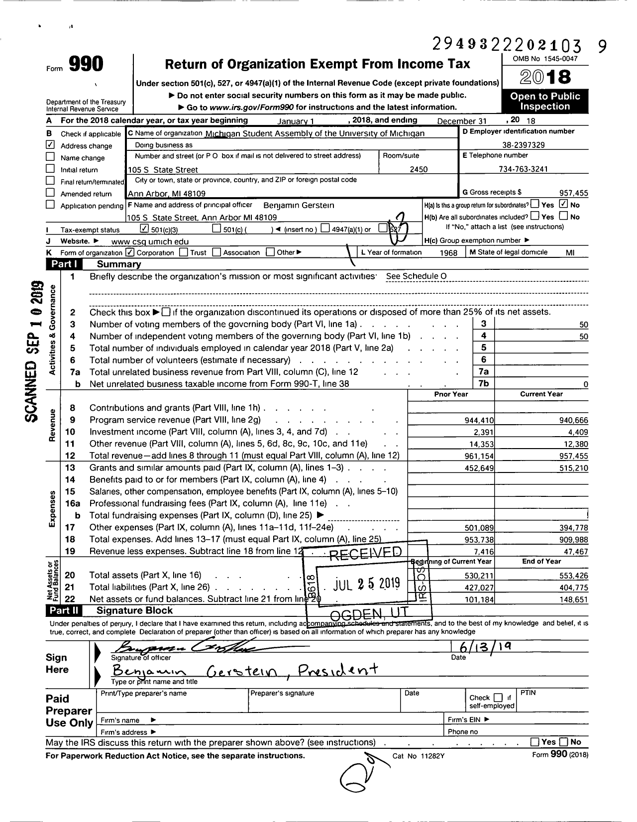 Image of first page of 2018 Form 990 for Michigan Student Assembly of the University of Michigan