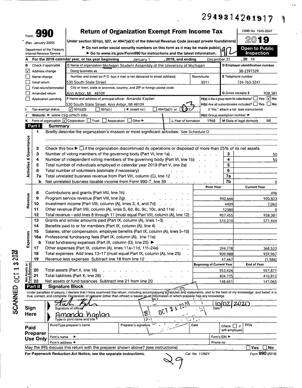 Image of first page of 2019 Form 990 for Michigan Student Assembly of the University of Michigan