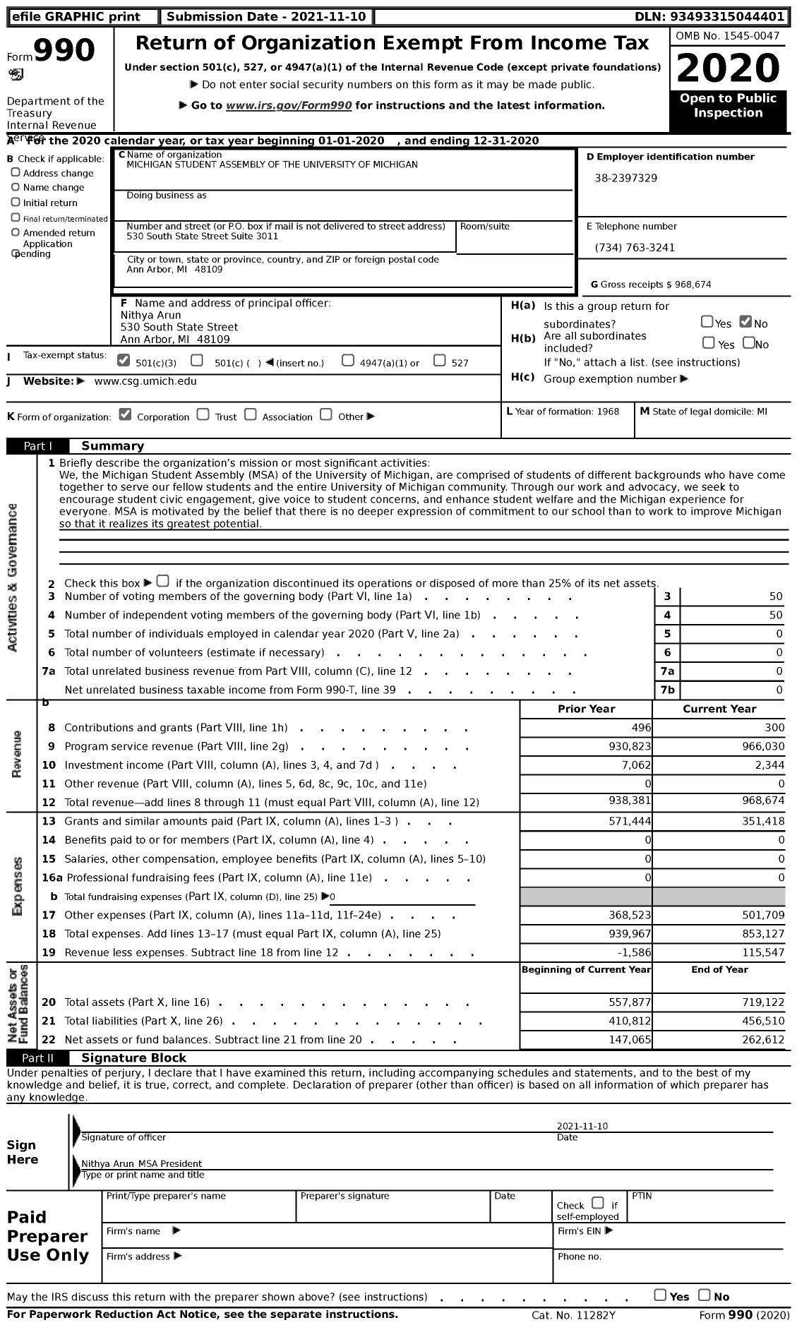 Image of first page of 2020 Form 990 for Michigan Student Assembly of the University of Michigan